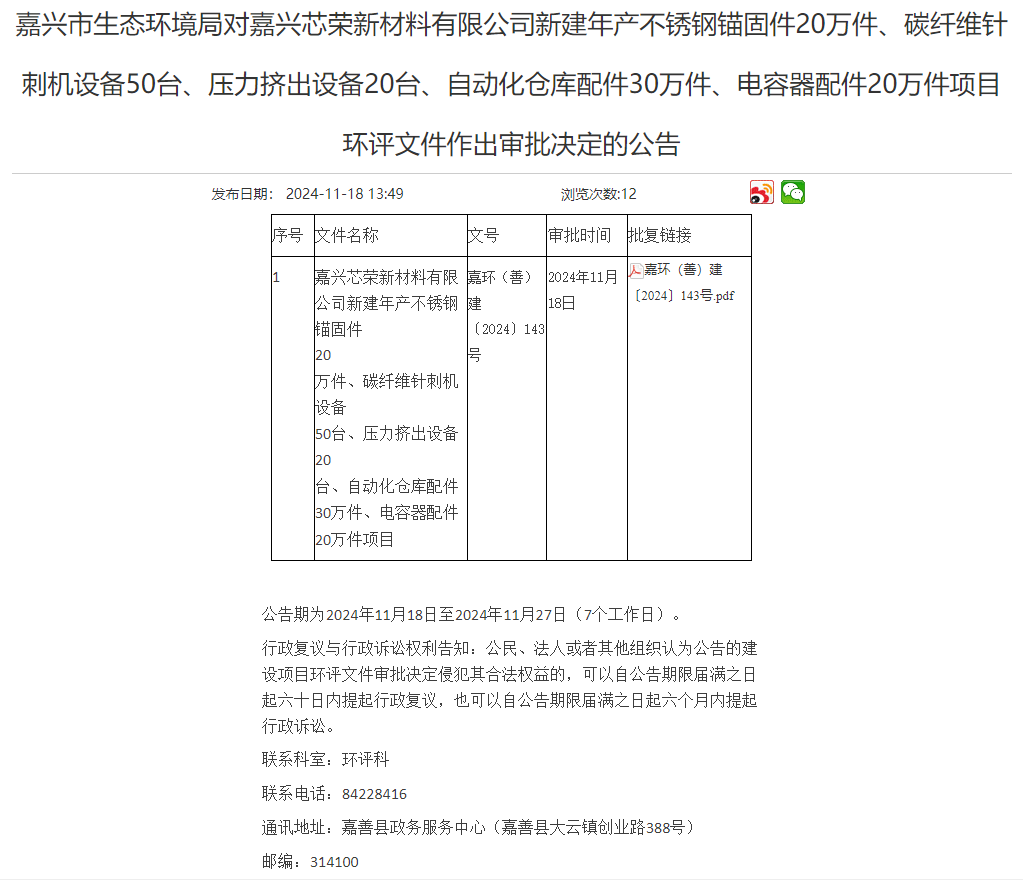 嘉興芯榮新材料公司新建年產(chǎn)20萬(wàn)不銹鋼錨固件建設(shè)項(xiàng)目環(huán)評(píng)獲審批